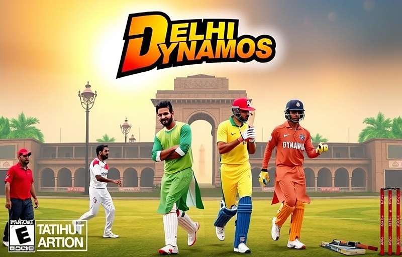 Delhi Dynamos game cover featuring Indian street cricket scene with players in traditional kurta and modern sports attire, set against Delhi's iconic skyline