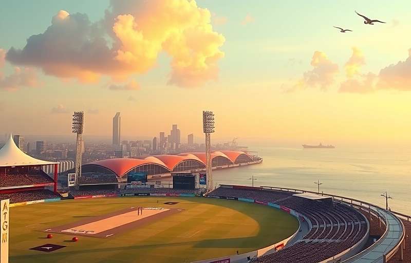 Concept art for upcoming Mumbai expansion in Delhi Dynamos showing a cricket match near Marine Drive with the Arabian Sea and city skyline in the background