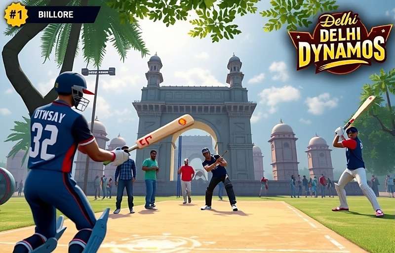 Delhi Dynamos gameplay screenshot showing a street cricket match in Chandni Chowk with players hitting fours and sixes, surrounded by cheering spectators