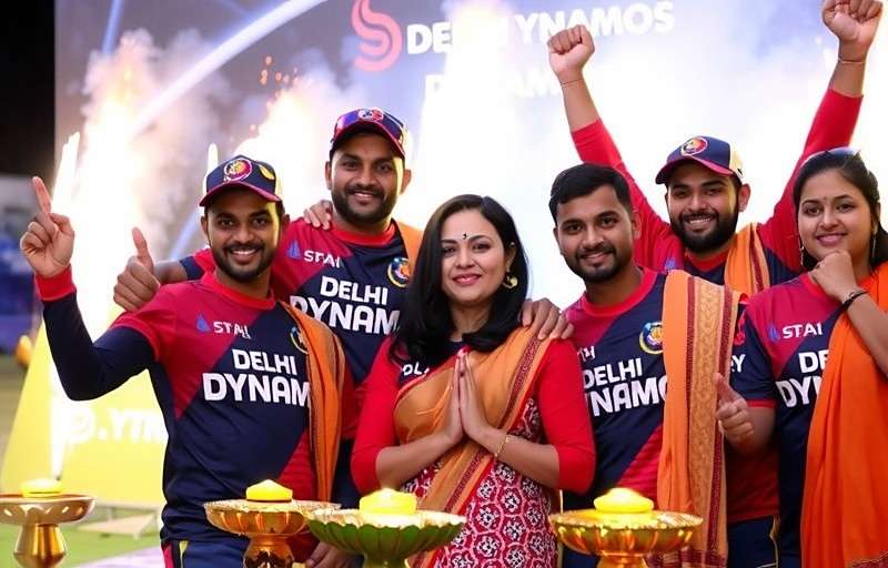 Delhi Dynamos Diwali event showing players in traditional clothes celebrating with fireworks and lamps in the background, with special Diwali-themed cricket equipment