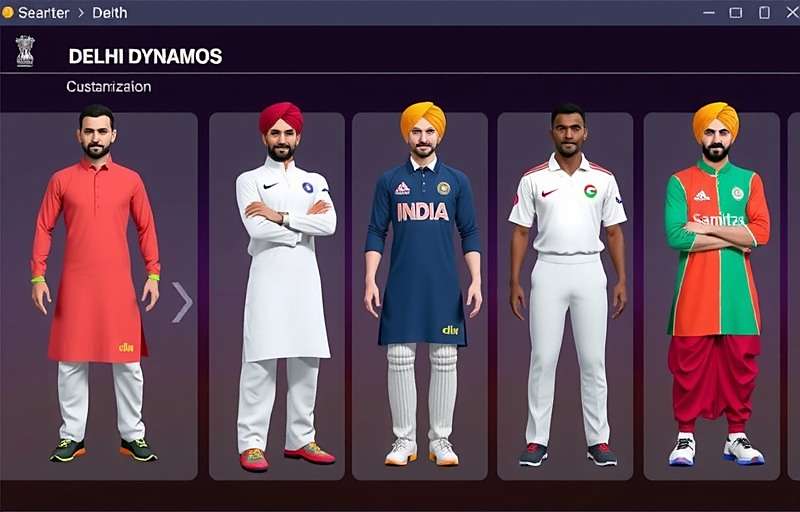 Delhi Dynamos character customization screen showing various traditional Indian outfits including kurta, dhoti, and turbans, along with modern cricket gear