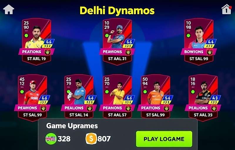 Delhi Dynamos team selection screen showing various player cards with stats in batting, bowling, and fielding, with options to upgrade players using in-game currency